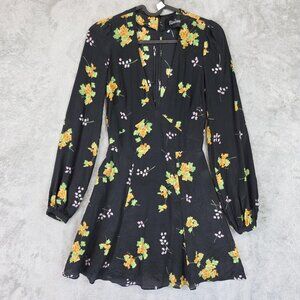 Réalisation Dress Womens XXS Black Floral Silk Long Sleeve Fit & Flare Mini